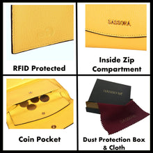 Load image into Gallery viewer, Sassora Premium Leather RFID Tri Fold Large Women's Yellow Purse