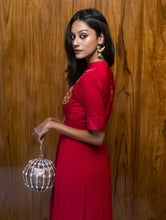 Load image into Gallery viewer, Sassora Leather with Stone & Pearl Gold Polish Frame Round Party Clutch