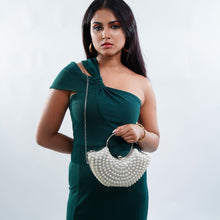 Load image into Gallery viewer, Sassora Pearl & Rhinestone Frame Clutch with Circular Ring Handle & Detachable Chain