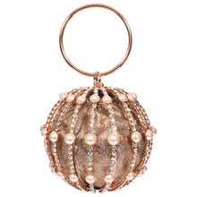 Load image into Gallery viewer, Sassora Leather with Stone & Pearl Gold Polish Frame Round Party Clutch