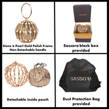 Load image into Gallery viewer, Sassora Leather with Stone & Pearl Gold Polish Frame Round Party Clutch