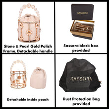 Load image into Gallery viewer, Sassora Suede Leather with Stone & Pearl Gold Polish Frame Party Clutch