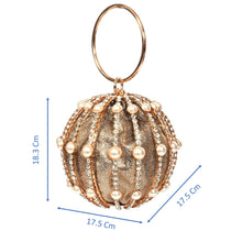 Load image into Gallery viewer, Sassora Leather with Stone & Pearl Gold Polish Frame Round Party Clutch