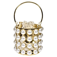 Load image into Gallery viewer, Sassora Gold Pearl Cage Bucket Bag with Drawstring Pouch & Detachable Chain
