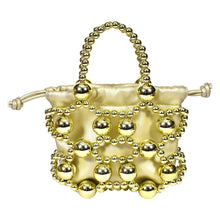 Load image into Gallery viewer, Sassora Gold Metallic Beaded Cage Drawstring Bucket Bag for Women with Beaded Top Handles
