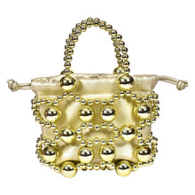 Load image into Gallery viewer, Sassora Gold Metallic Beaded Cage Drawstring Bucket Bag for Women with Beaded Top Handles