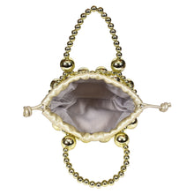 Load image into Gallery viewer, Sassora Gold Metallic Beaded Cage Drawstring Bucket Bag for Women with Beaded Top Handles