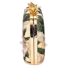 Load image into Gallery viewer, Sassora Floral Embroidered Frame Clutch with Metal Ring Handle & Detachable Chain Strap