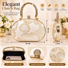 Load image into Gallery viewer, Sassora Floral Jacquard Frame Clutch with Metallic Mesh Handle & Detachable Chain