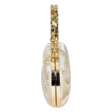 Load image into Gallery viewer, Sassora Floral Jacquard Frame Clutch with Metallic Mesh Handle & Detachable Chain