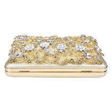 Load image into Gallery viewer, Sassora Crystal & Pearl Floral Filigree Frame Clutch with Ring Handle & Detachable Chain Strap