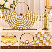 Load image into Gallery viewer, Sassora Pearl & Rhinestone Frame Clutch with Circular Ring Handle & Detachable Chain