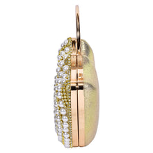 Load image into Gallery viewer, Sassora Pearl & Rhinestone Frame Clutch with Circular Ring Handle & Detachable Chain