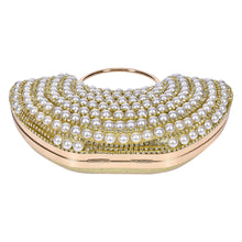 Load image into Gallery viewer, Sassora Pearl & Rhinestone Frame Clutch with Circular Ring Handle & Detachable Chain