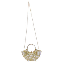 Load image into Gallery viewer, Sassora Pearl & Rhinestone Frame Clutch with Circular Ring Handle & Detachable Chain
