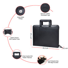 Load image into Gallery viewer, Sassora Black leather briefcase with features highlighted and measurements shown.