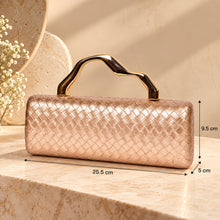 Load image into Gallery viewer, Sassora Metallic Gold Woven Pattern Frame Clutch with Detachable Chain Strap