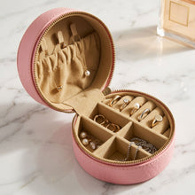 Load image into Gallery viewer, Sassora Premium Genuine Leather Circular Travel Jewelry Box Organizer