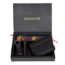 Load image into Gallery viewer, Sassora Genuine Leather Men's Wallet, Keyring and Rakhi with Roli & Chawal Gift Set (Pack Of 3)