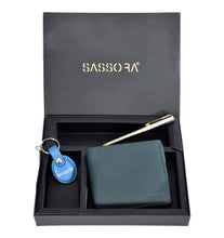 Load image into Gallery viewer, Sassora Genuine Leather Navy Men's Wallet, Metal Pen & Keyring Gift Combo Set (Pack Of 3)