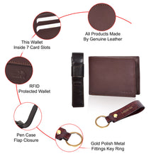 Load image into Gallery viewer, Sassora Genuine Leather Brown Men's Wallet, Pen Case & Keyring Gift Combo Set (Pack Of 3)