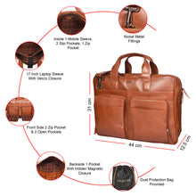 Load image into Gallery viewer, SASSORA Genuine Leather Messenger Bag for Men | 17 Inch Laptop Sleeve | Multiple Zip Compartments | Office & Travel Briefcase | Tan