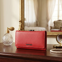 Load image into Gallery viewer, SASSORA Genuine Leather RFID Protected Women’s Tri-fold Travel Wallet with Kiss-Lock