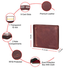 Load image into Gallery viewer, Sassora Premium Genuine Leather RFID Blocking Bifold Wallet for Men | Brown Leather Wallet with 9 Card Slots & ID Window