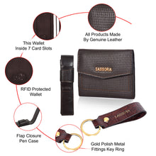 Load image into Gallery viewer, Sassora Genuine Leather Brown Women's Wallet, Pen Case & Keyring Gift Combo Set