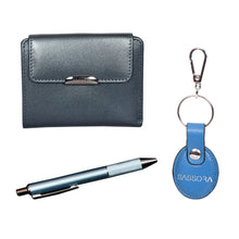 Load image into Gallery viewer, Sassora Genuine Leather Metallic Blue Women's Wallet, Metal Pen & Keyring Gift Combo Set (Pack of 3)