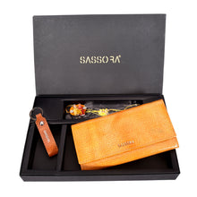Load image into Gallery viewer, Sassora Genuine Leather Yellow Women's Wallet, Keyring & Rakhi Gift Combo Set