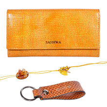 Load image into Gallery viewer, Sassora Genuine Leather Yellow Women's Wallet, Keyring & Rakhi Gift Combo Set