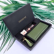 Load image into Gallery viewer, Sassora Raksha Bandhan Gift Combo – Green RFID Wallet & Tassel Keyring for Sister