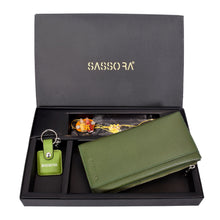Load image into Gallery viewer, Sassora Genuine Leather Green Women's Wallet, Keyring & Rakhi with Roli & Chawal Gift Combo Set