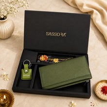 Load image into Gallery viewer, Sassora Genuine Leather Green Women's Wallet, Keyring & Rakhi with Roli & Chawal Gift Combo Set