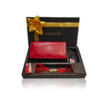 Load image into Gallery viewer, Sassora Red Genuine Leather Ladies RFID Travel Wallet, Keychain and Rakhi Combo Set(SSRA7 Gift-for Her)