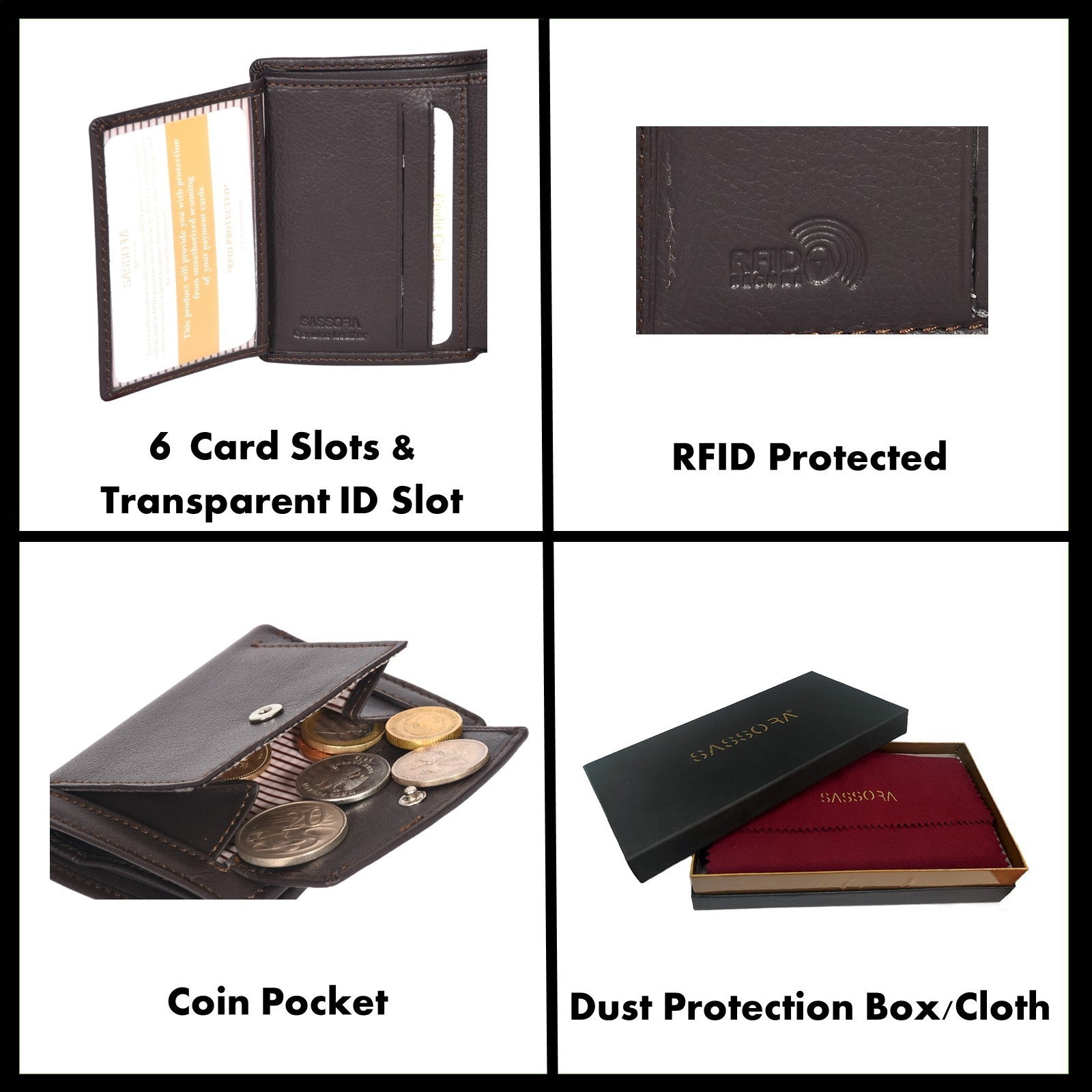 Sassora Genuine Leather Slim Card Holder - Brown Unisex Small Bi-Fold Wallet With 4 Card Slots