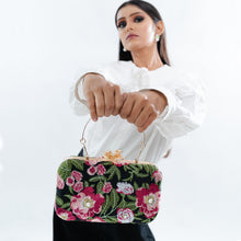 Load image into Gallery viewer, Sassora Floral Embroidered Frame Clutch with Metal Ring Handle &amp; Detachable Chain Strap