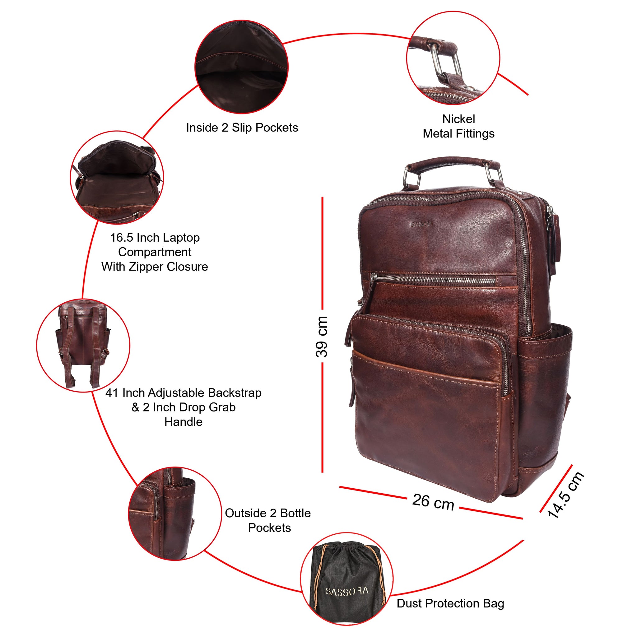 Sassora Premium Genuine Leather Multi-Pocket Travel Backpack For Men's