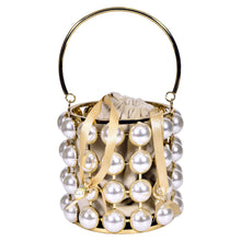 Load image into Gallery viewer, Sassora Gold Pearl Cage Bucket Bag with Drawstring Pouch &amp; Detachable Chain