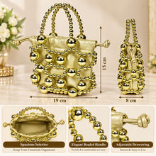 Load image into Gallery viewer, Sassora Gold Metallic Beaded Cage Drawstring Bucket Bag for Women with Beaded Top Handles