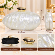 Load image into Gallery viewer, Sassora Pearl Oval Acrylic Clutch with Gold Pebble Clasp &amp; Detachable Chain
