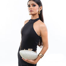 Load image into Gallery viewer, Sassora Pearl Oval Acrylic Clutch with Gold Pebble Clasp &amp; Detachable Chain