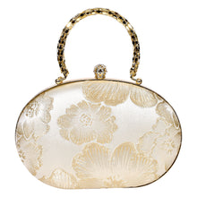 Load image into Gallery viewer, Sassora Floral Jacquard Frame Clutch with Metallic Mesh Handle &amp; Detachable Chain