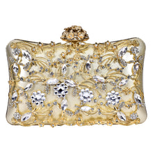 Load image into Gallery viewer, Sassora Crystal &amp; Pearl Floral Filigree Frame Clutch with Ring Handle &amp; Detachable Chain Strap