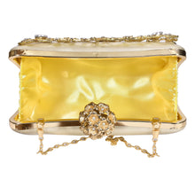 Load image into Gallery viewer, Sassora Crystal &amp; Pearl Floral Filigree Frame Clutch with Ring Handle &amp; Detachable Chain Strap