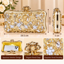Load image into Gallery viewer, Sassora Crystal &amp; Pearl Floral Filigree Frame Clutch with Ring Handle &amp; Detachable Chain Strap