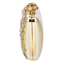Load image into Gallery viewer, Sassora Crystal &amp; Pearl Floral Filigree Frame Clutch with Ring Handle &amp; Detachable Chain Strap