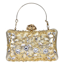 Load image into Gallery viewer, Sassora Crystal &amp; Pearl Floral Filigree Frame Clutch with Ring Handle &amp; Detachable Chain Strap