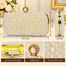 Load image into Gallery viewer, Sassora Pearl Embellished Frame Clutch with Ring Handle &amp; Detachable Chain